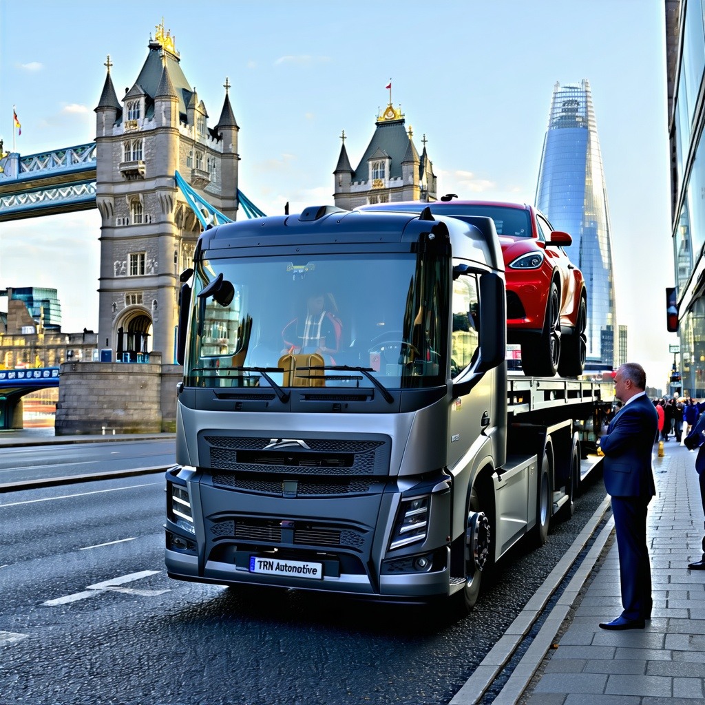 A sleek and modern vehicle transport truck prominently displaying the TRN Automotive logo drives along a bustling London street The truck is loaded with a highvalue classic car gleaming under the city lights In the background iconic London landmarks