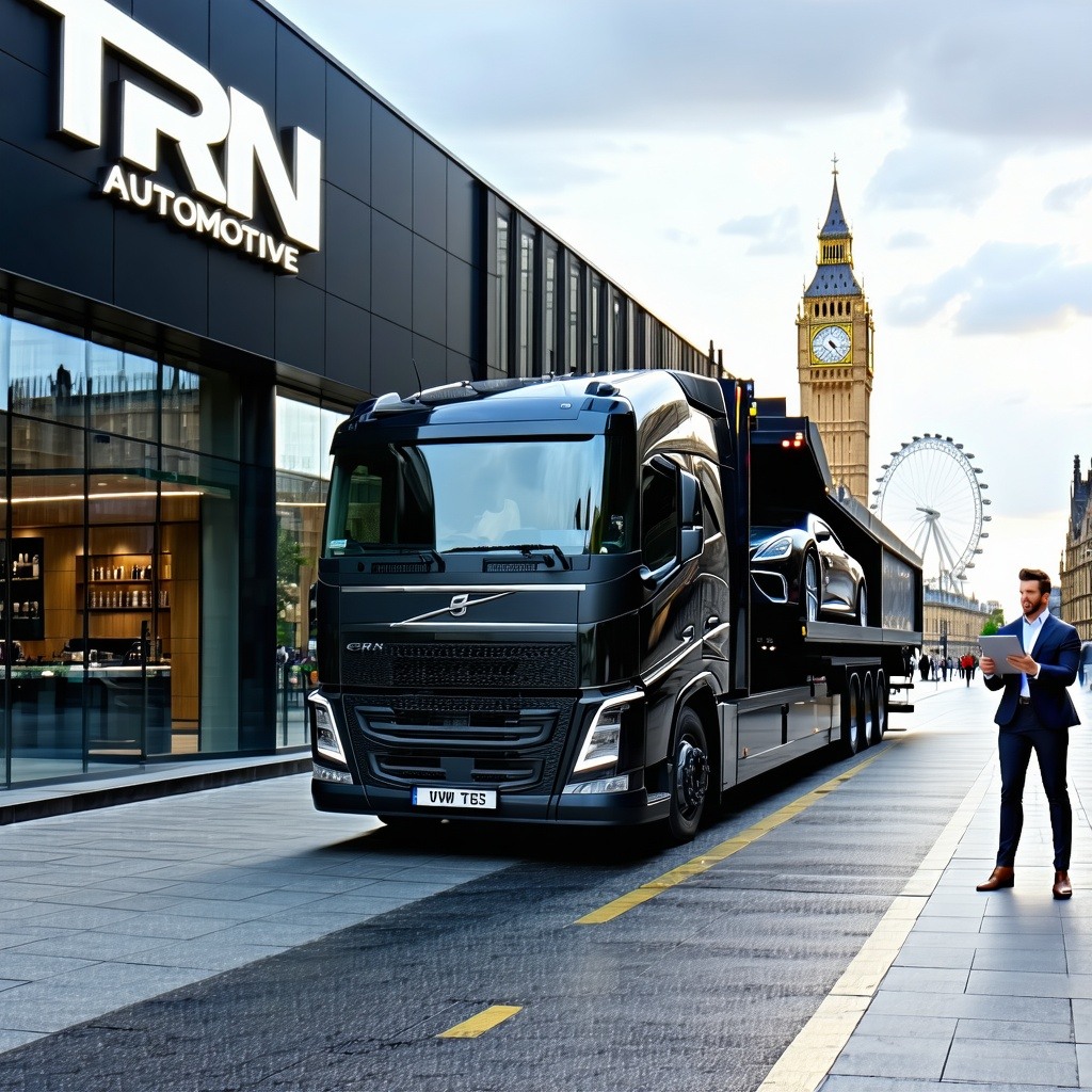 A sleek modern vehicle transport truck parked in front of a stylish contemporary building with the TRN Automotive logo prominently displayed The truck is loaded with a luxury car showcasing the vehicles shiny exterior and intricate details In the bac